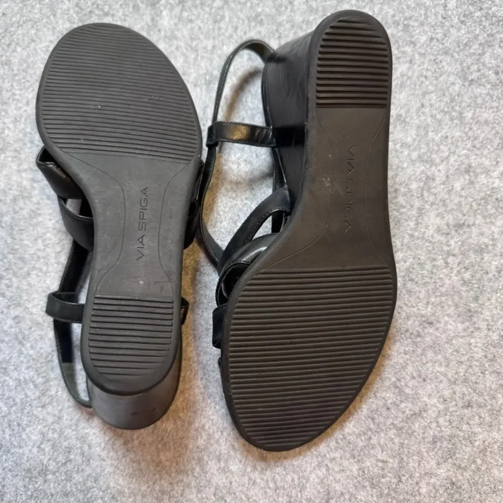 Via Spiga Black Leather Strappy Wedge Sandals Women’s 9 Gladiator